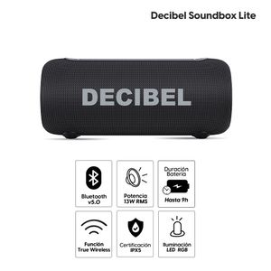 Parlante Bluetooth Decibel Soundbox Lite 13W RMS, hasta 9 horas de duración, resistente al agua y al polvo IPX5, con efectos de luz RGB, negro