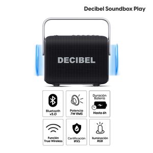 Parlante Bluetooth Decibel Soundbox Play 7W RMS, hasta 6 horas de duración, resistente al agua y al polvo IPX5, 5 efectos de luz, negro
