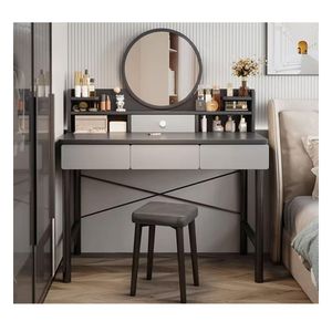 Tocador De Maquillaje Vintage Con Espejo Luz LED Dormitorio Gris-Blanco ZZ94