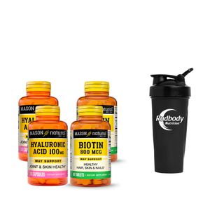 Combo Vitaminas Mason Natural- 2 Hyaluronic Acid 100 Mg (30 Cap) + 2 Biotin 800 Mcg (60 Tab) +Shaker