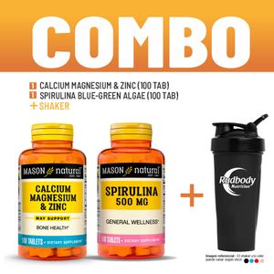 Combo Vitaminas Mason Natural - Calcium Magnesium & Zinc (100 Tab) + Spirulina Blue-Green + Shaker