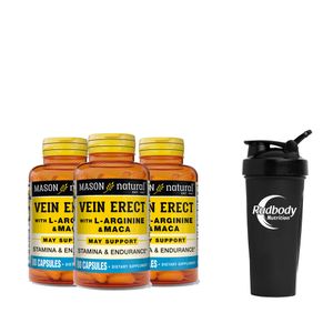Combo Vitaminas Mason Natural - 3 Vein Erect With Arginine & Maca (80 Cap) + Shaker