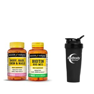 Vitaminas Mason Natural - Body, Hair, Skin & Nails (60 Cap) + Biotin 800 Mcg (60 Tab) + Shaker