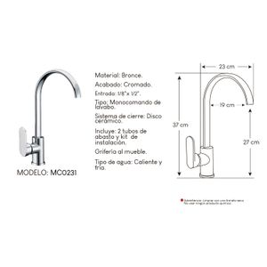 Monocomando de agua fría y caliente para Cocinas 37 CM Bronce Cromado