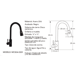 Llave de agua fría para cocinas 41 CM Acero inoxidable Negro Satinado