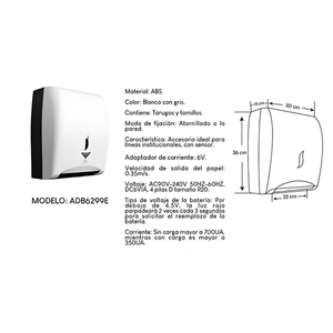 Dispensador con Sensor para papel toalla ADB 6299E Blanco