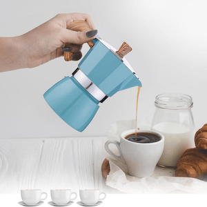 Cafetera Italiana con Mango de Madera y Aluminio 150 ml Celeste