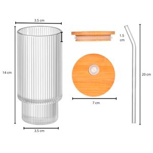 Vaso Acanalado de Vidrio con Sorbete y Tapa de Bambú  de 500 ml