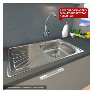 Combo De Lavadero De Acero  STP7540 + Desague C/Trampa De I.5" Para Lavadero  + Velit-02 Stone