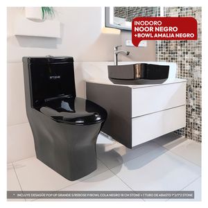 Combo De Inodoro One Piece Noor Negro + Bowl Amalia Black + Desague Pop up Cola Negro Stone