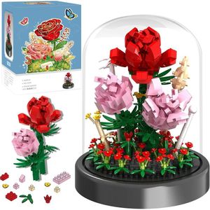 Kit de flores de mini ladrillos, rosas eternas en cúpula de cristal, ideal regalo