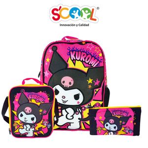 Pack Mochila + Lonchera+ Cartuchera Kuromi Tela Pvc