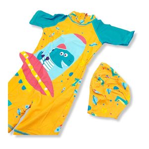 Ropa de Baño para Niño UV Naranja con Dinosaurio Dentro de Nave Ovni