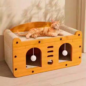 Casa Rascador para Gatos Doble Puerta Cartón y Madera 53x26x30 cm Mod. C
