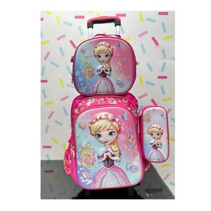 Set Mochila Lonchera Cartuchera Luces Ruedas  Eva 3D Princesa R