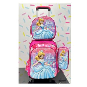 Set Mochila Lonchera Cartuchera Luces Ruedas Eva 3D Princesa C