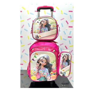 Set Mochila Lonchera Cartuchera Luces Ruedas Eva 3D Princesa