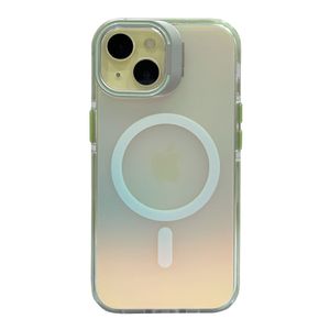 Case para iPhone 16 con magsafe para carga inalámbrica, soporte en la cámara, color tornasolado con borde verde