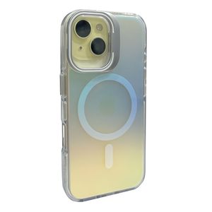 Case para iPhone 16 Pro Max con magsafe para carga inalámbrica, soporte en la cámara, color tornasolado con borde blanco