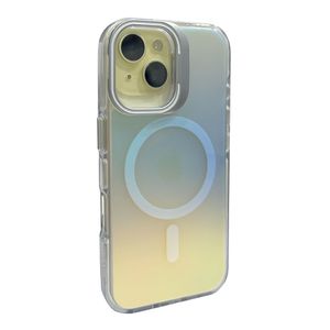Case para iPhone 15 Pro con Magsafe para carga inalámbrica, soporte en la cámara, color tornasolado con borde blanco
