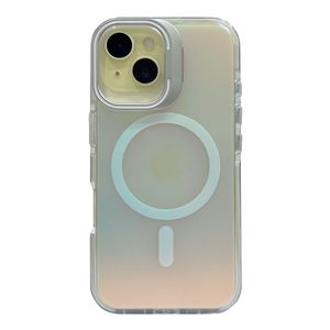 Case para iPhone 15 Pro con Magsafe para carga inalámbrica, soporte en la cámara, color tornasolado con borde blanco