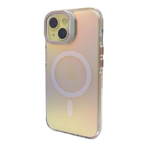 Case para iPhone 11 con Magsafe para carga inalámbrica, soporte en la cámara, color tornasolado con borde rosado