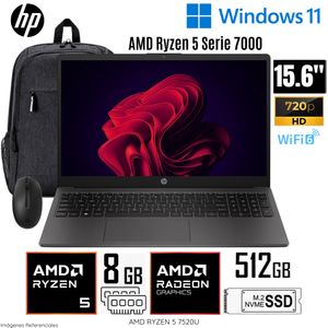 Laptop HP 255 G10(A12HBLT#ABM)  AMD Ryzen5-7520U 8GB RAM 512GB SSD 15.6"  HD + Mochila y Mouse HP