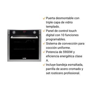 COMBO Sole: Cocina Encimera SOLCO033 Vidrio Templado 86cm 5 hornillas + Horno Empotrable Premium 73L + Campana Extractora Venus Plus 1 Motor 90cm