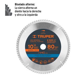 Disco sierra 10"P  corte extra fino para madera, 80 dientes, Truper