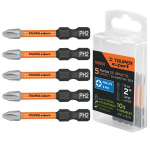Juego 5 puntas de impacto para taladro atornillador, PhillipsPH2 x 2”,Truper