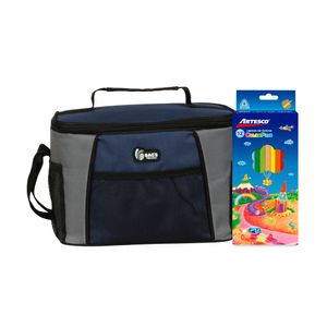 Pack Lonchera ARTESCO Plomo/Azul + 1 Caja de 12 lapices de colores