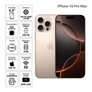 iPhone 16 Pro Max 5G 256GB, 8GB ram, cámara principal 48MP + 48MP + 12MP, frontal 12MP, 6.9", Desert-Titanium