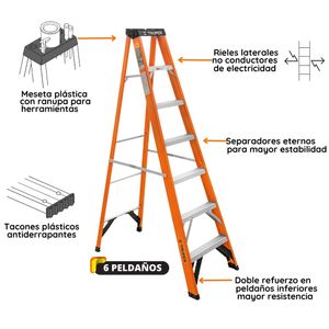 Escalera tijera fibra de vidrio 6 peldaños soporta 175 kg Truper.