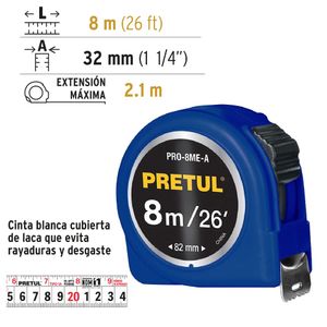 Wincha cinta métrica flexómetro azul 8 m cinta 25 mm, Pretul
