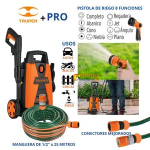 Hidrolavadora con manguera 25m, Pistola de riego Truper ERGO PRO