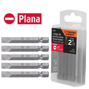 Juego 5 puntas planas de 1/4" largo 2" para taladro, desarmador Truper
