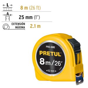 Wincha cinta métrica flexómetro amarillo 8 m cinta 25 mm, Pretul