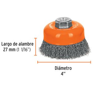 Cepillo metálico Carda copa 4 pulgadas alambre ondulado fino Truper