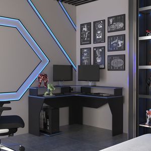 Escritorio Gamer En L Guma Wengue - Canto Azul