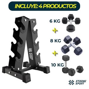 Combo de Mancuernas  Pesas Hexagonales  + Soporte Rack Xtreme