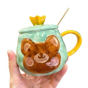 Taza Con Tapa y Cuchara Diseños De Osos Kawaii  Verde  259TZVR01