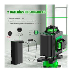 Nivel Láser 3D Verde 12 Líneas 2 Baterías Lente Multiuso Recargable
