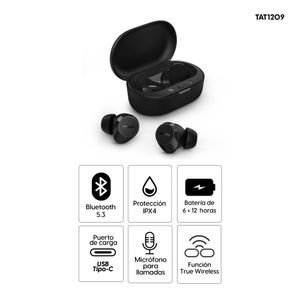 Audífonos bluetooth True Wireless Philips TAT1209 control táctil, resistencia IPX4, duración máx. 18 horas con estuche de carga, negro