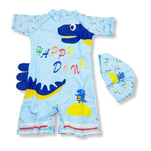 Ropa de Baño para Niño UV Celeste Rayas Blancas con Dinosaurio Verde