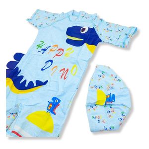 Ropa de Baño para Niño UV Celeste Rayas Blancas con Dinosaurio Verde