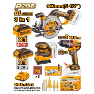 Kit 3 Herramientas Ingco Percutor 20V 66NM + Sierra Circular 20V 5 1/2'' + Lijadora 20V COSLI241193