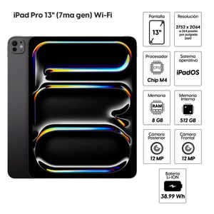 iPad Pro 13" (7ma gen) Wi-Fi 512GB, 8GB RAM, cámara principal 12MP, frontal 12MP, Chip M4, negro