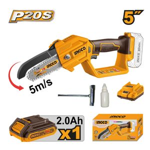 Mini Motosierra Ingco 20V 5" 13CM 5M/S + 1 Batería 2.0AH + Cargador CGSLI20581