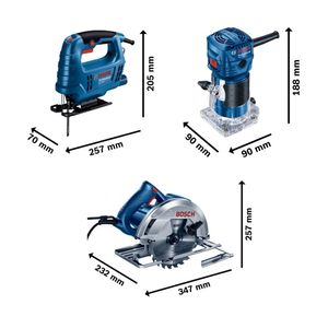COMBO Bosch: Sierra Circular GKS 150 + Sierra Caladora GST 680 + Fresadora GKF 550