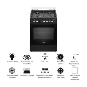 Cocina de Pie a Gas Klimatic Venti 4 Hornillas Acero Negro 60cm, con Horno 70L